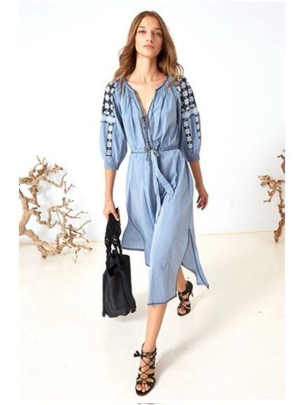 Ulla Johnson Cotton Odessa Midi Dress Chambray Embroidered
Sleeves Tassels